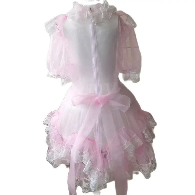 Adult Giant Baby Sexy Girl Pink Thin Half Through Sissy Organza Dress Japanese maid Role Playing Nightgown Lockable
