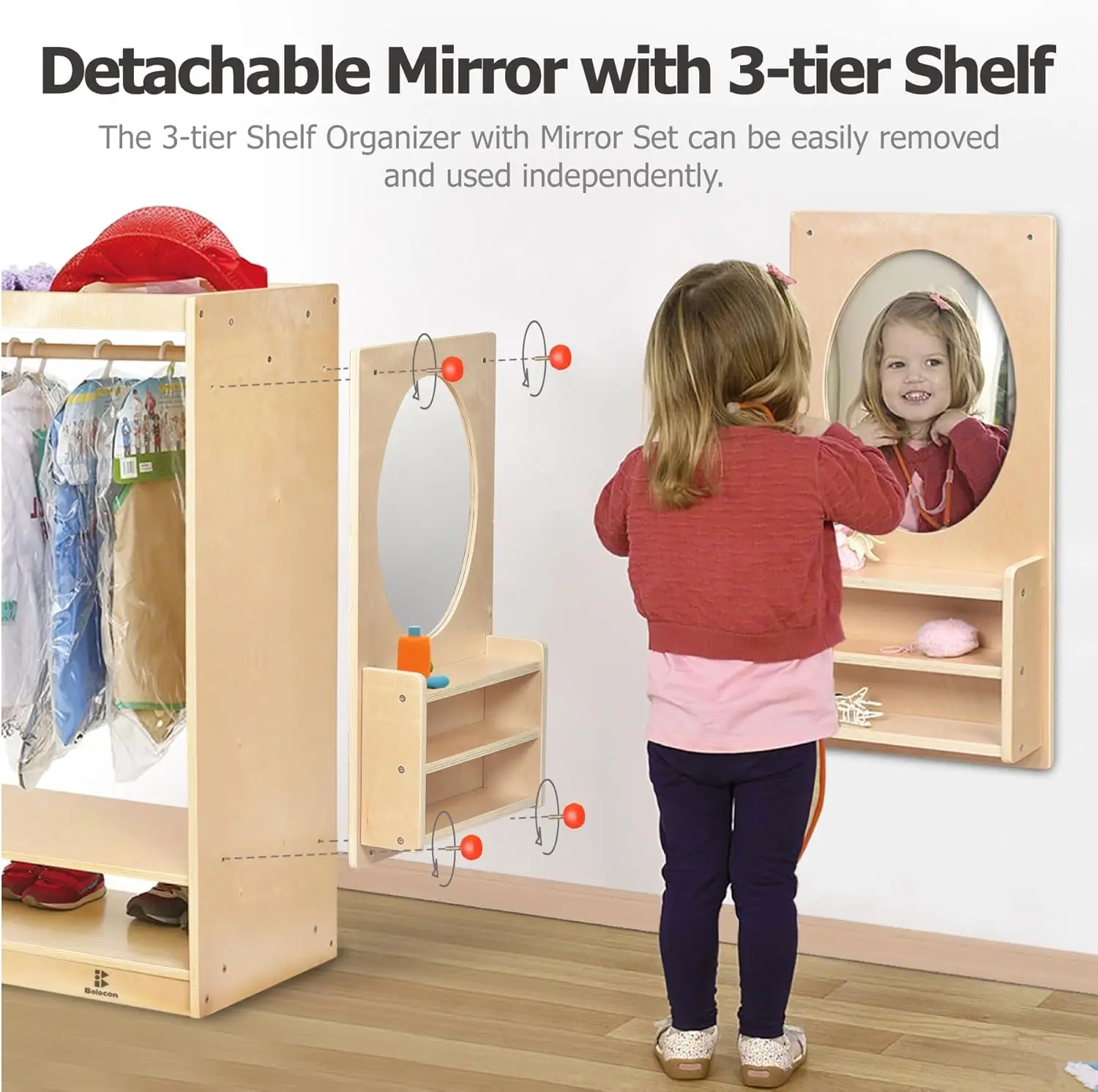 キッズドレスアップセンター 女の子/男の子ごっこ遊びクローゼット、オーガナイザー付き洋服ラックとミラーセット、コスチューム用収納棚、幼児モンテッソーリ