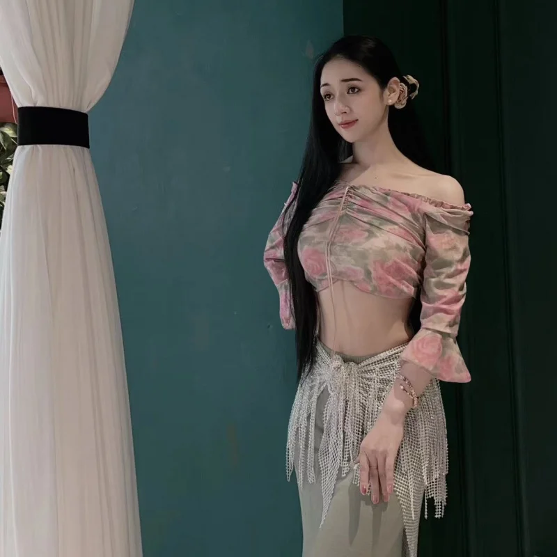 

New Belly Dance Performance Costume Women's Senior Printed Top+Sexy FishTail Long Skirt 2pcs Oriental Dance Training Set
