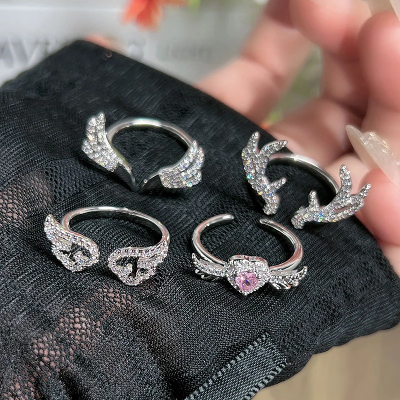 Moda zircão antler asas de anjo anel aberto para mulheres homens ajustável casal anéis jóias presente