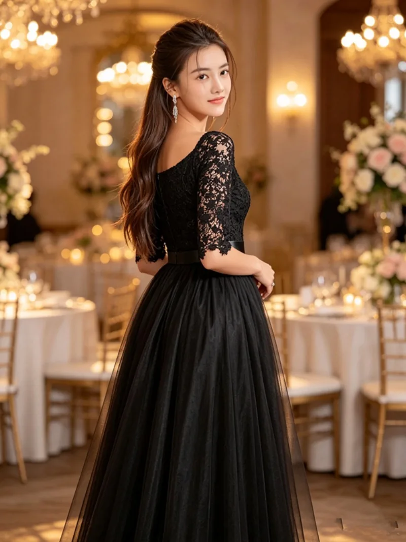 Damen Spitzen-Tüll Langes Brautjungfernkleid Abendkleid V-Ausschnitt Schulterfrei Halber Ärmel A-Linie Maxikleid Hochzeitsgast Formelles Partykleid – Detail 4