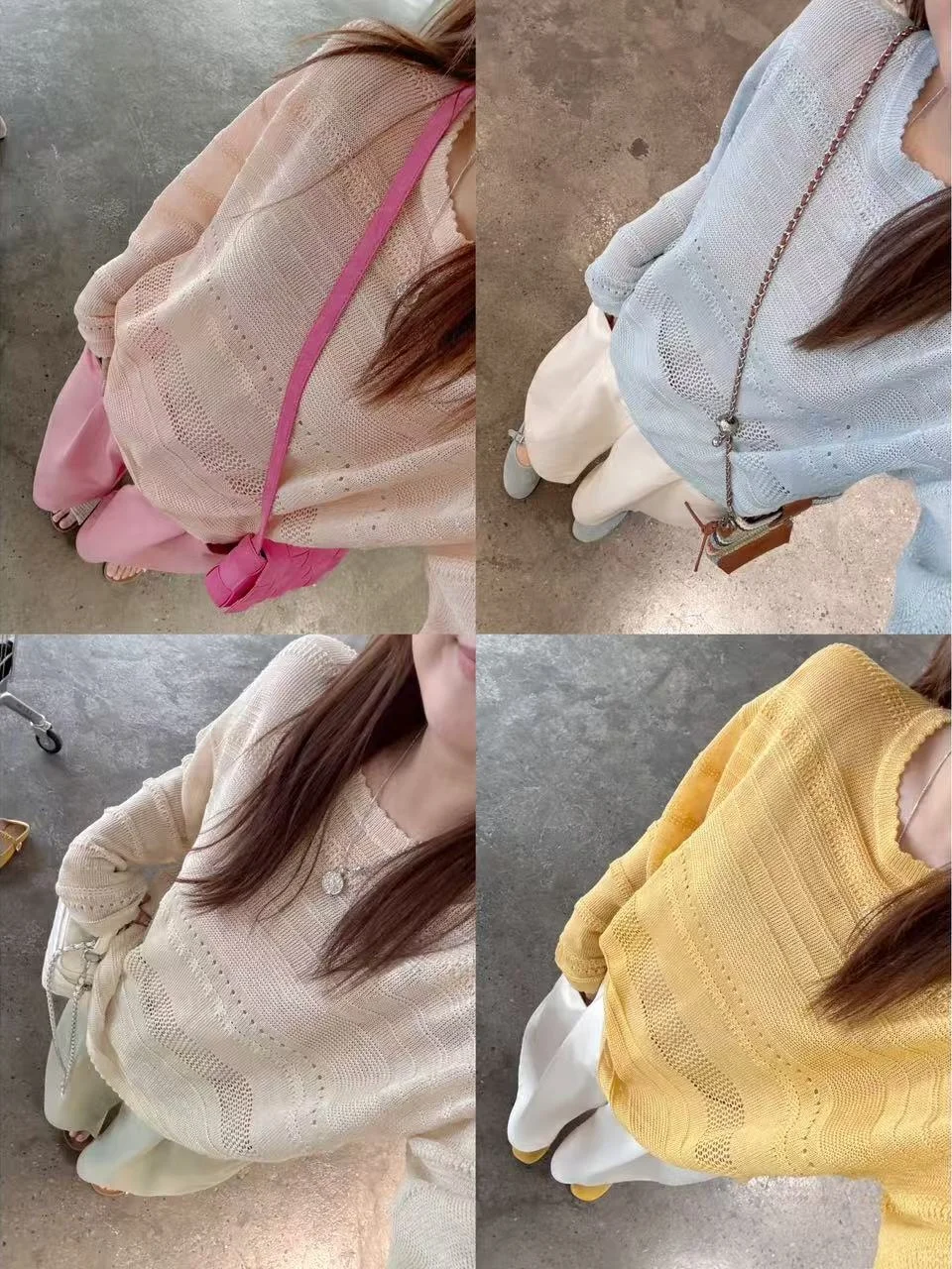 

Pure Color Hollow out Long Sleeve Loose Fashionable Overhead Shirt Crystal Gou Green Label Casual Style Polyester Fiber Ladie...