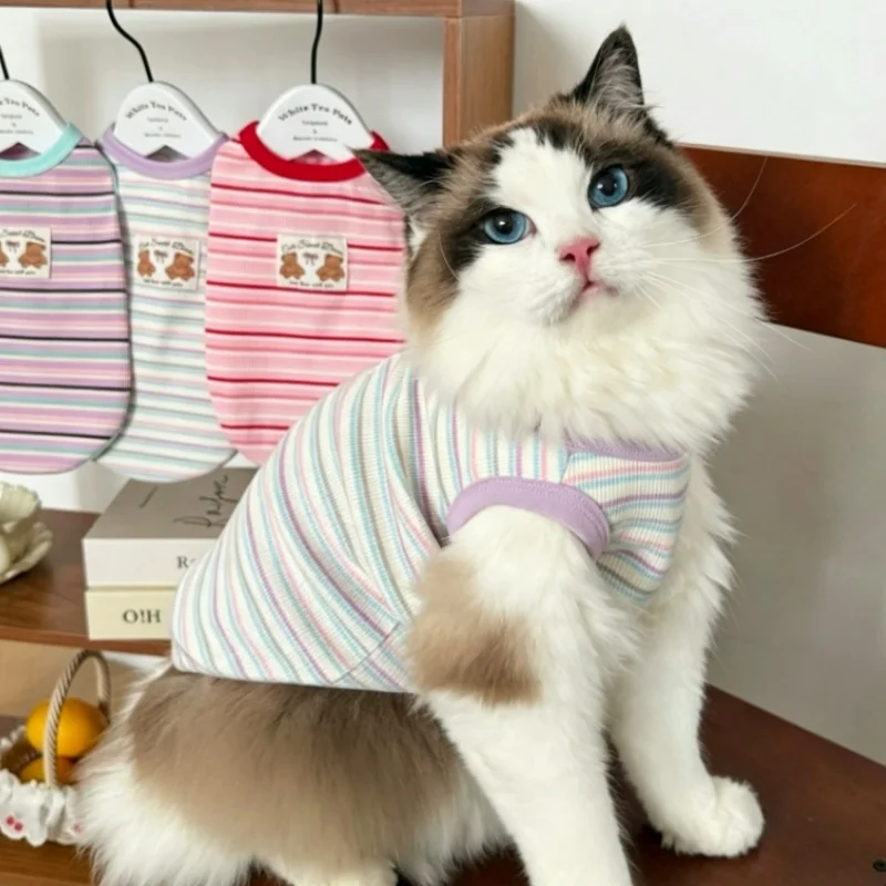 Chaleco a rayas para perro y gato – Vestido verano ligero con oso - imagen 4