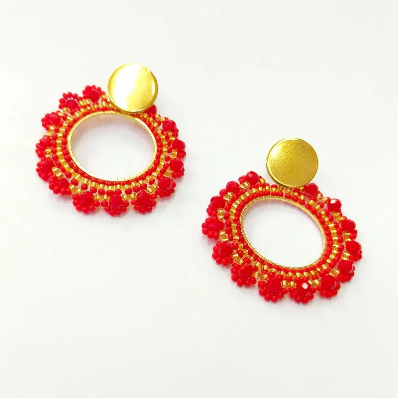 Beaded earrings Crystal Circle Lace Tide Simple Geometry Hollow out Hand textile Bohemia Female  Alloy Rice bead earrings