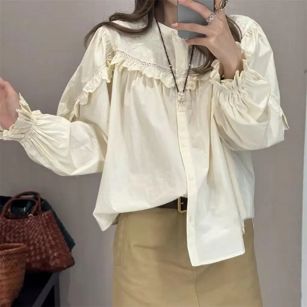 

Loose Cotton round Ne Embroidered irt Women's Sle Lantern Sve Floral Lace Hem French Sle Autumn New Arrival