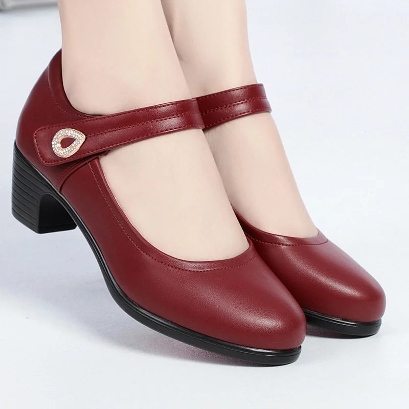 Women Fashion Round Toe Solid  PU Leather Comfort Spring Office Square Heel Pumps Classic Black Soft Bottom Single Shoes