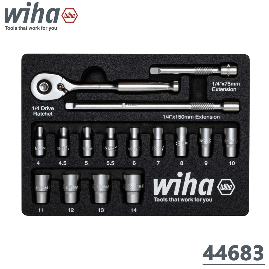 

Wiha 44683 17 Pcs 1/4" Portable Ratchet Socket Wrench Set and Insert Set with 13 Sockets,Ratchet Handle and Extension Bar