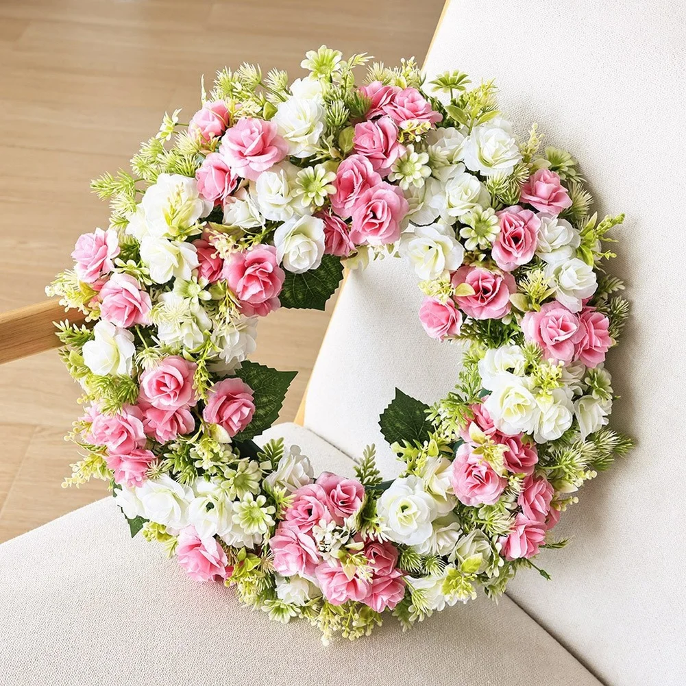 

Весенний венок 45 см, летние венки для входной двери, искусственный цветочный венок с розами, венки ко Дню матери, украшения для дома