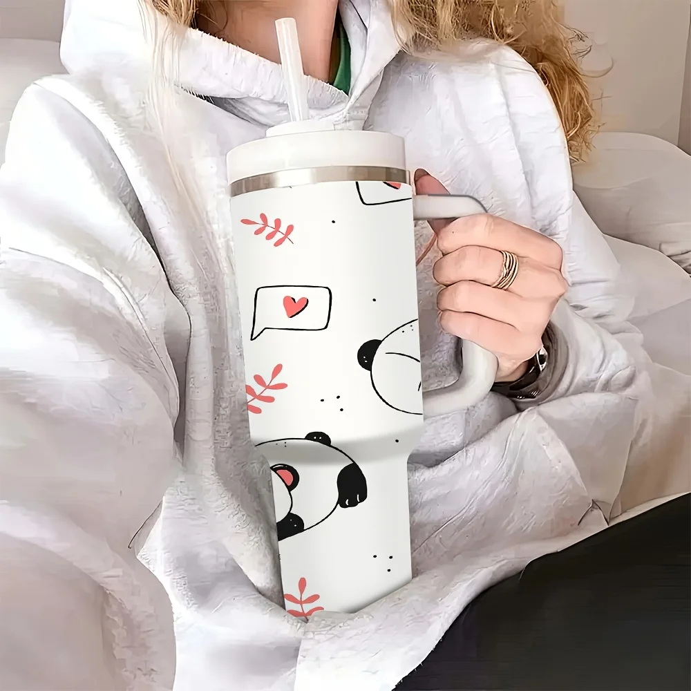 Halloween And Christmas 40Oz Insulated Tumbler with Handle And Straw, Cute Cartoon Panda Print Stainless Steel Water Bottle, Suitable for Car Travel Office Home, for Daily Drinking Outdoor Camping Holiday Party Everyday Use