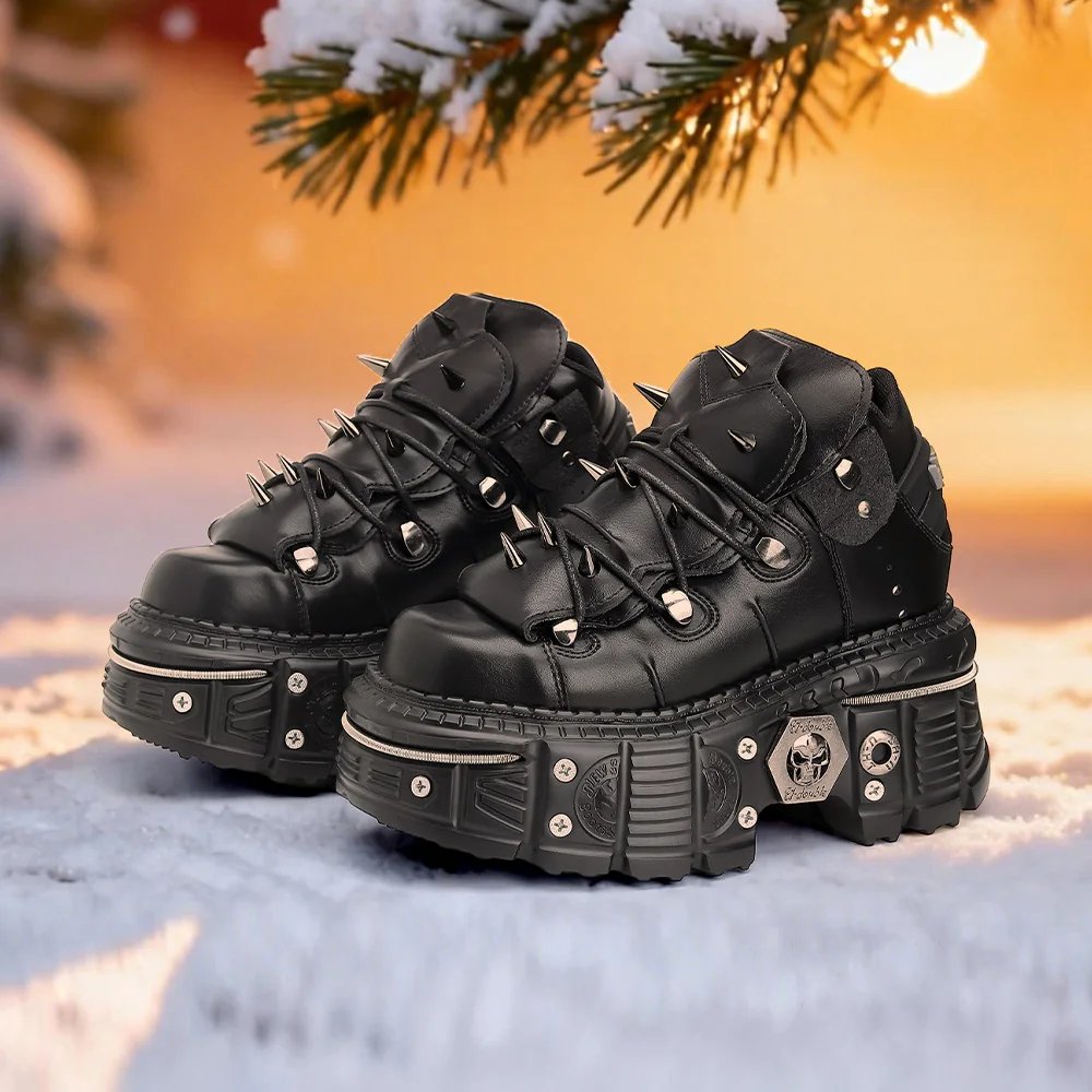 

Gothic Ankle Rock Boots 2025 Woman Metal Decor Platform Sneakers New Punk Style Women Shoes Lace-up Shoes