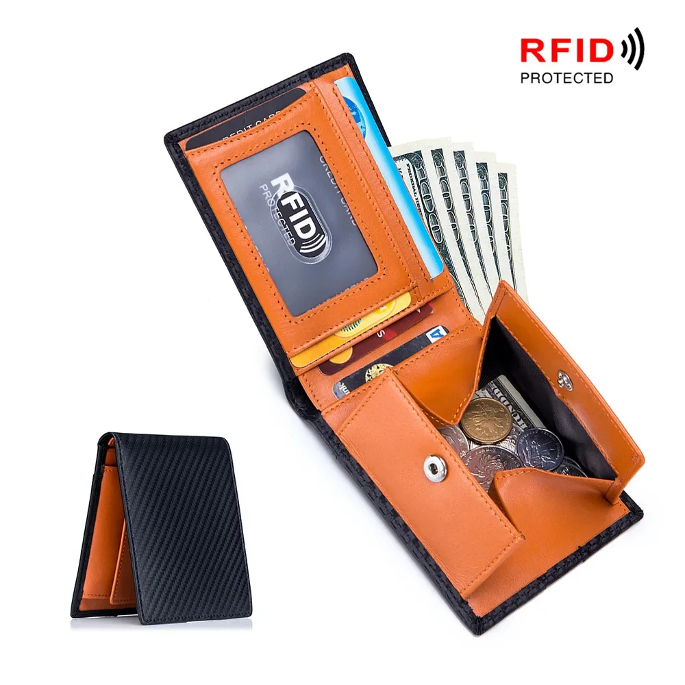 2024 Men's Boom New Carbon Fiber Rfid Ultra-thin Short Wallet Leather Simple Fashion Light Gift