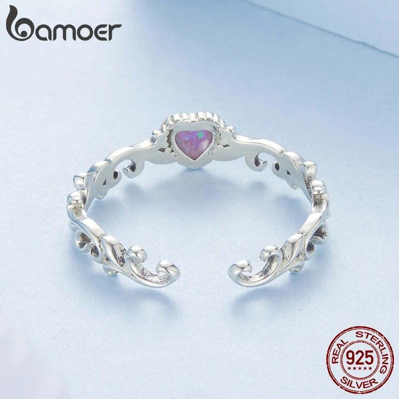 Bamoer Original 925 Sterling Silver Opal Retro Pattern Ring Purple Heart Oxidized For Women Wedding Engagement Fine Jewelry