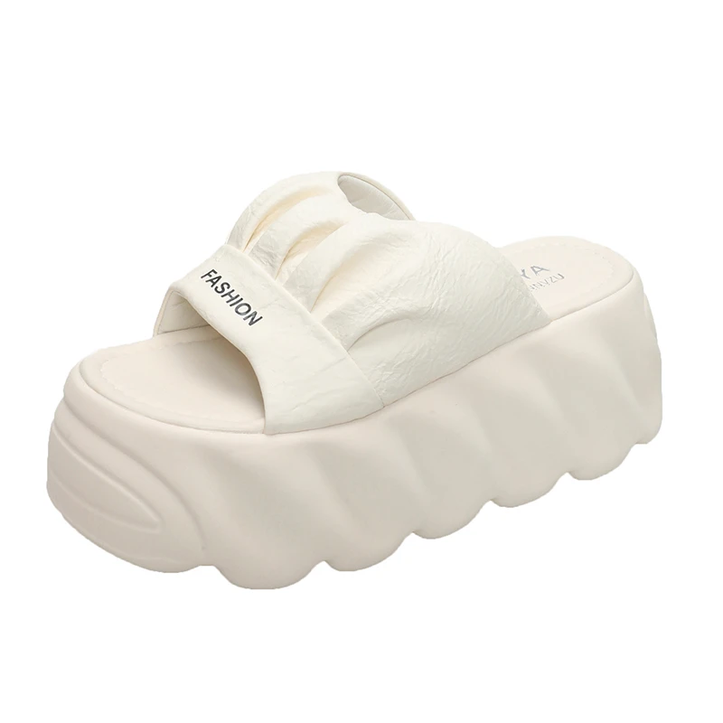 

8.5CM New Platform Slippers Women Summer Outdoor High Heels Leather Chunky Sandals Casual Peep Toe Flip-flops Beach Wedge Shoes