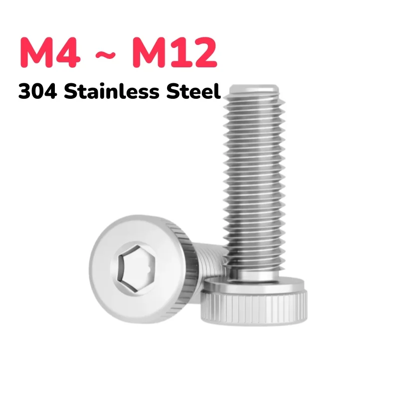 304 Stainless Steel Allen Cup Head Bolt M4 ~ M12 Knurled Thin Hexagon Hex Socket Cap Screw Length 6~90 mm