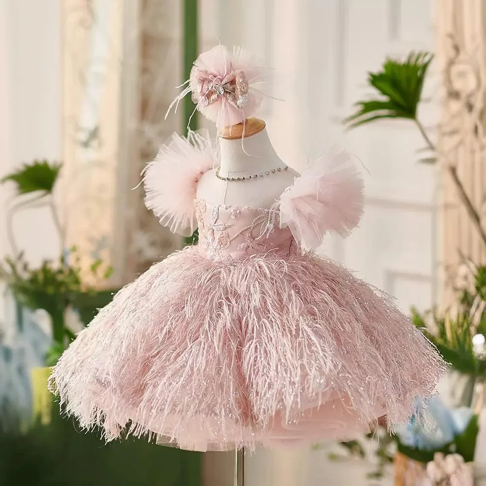 Girls Pink Princess Ball Gown Children Cute Bow Tassels Design Birthday Party Wedding Performances Dress g126