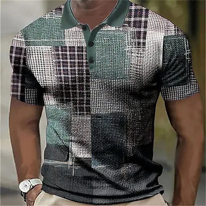 2026 Summer Men's Patchwork Print Short-Sleeve Polo Shirt Button-Down Collar Shirt Casual Top Outdoor Streetwear Polo Shirt