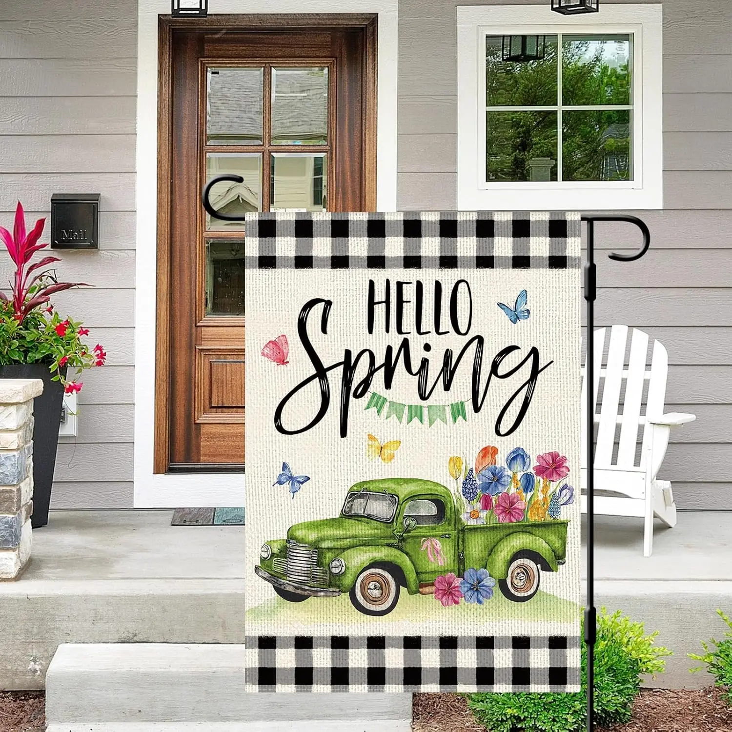 Hello Spring Floral Truck Garden Flag 12×18 Inch Double Sided Buffalo Plaid Farmhouse Yard Flag Spring Seasonal Outdoor Decor