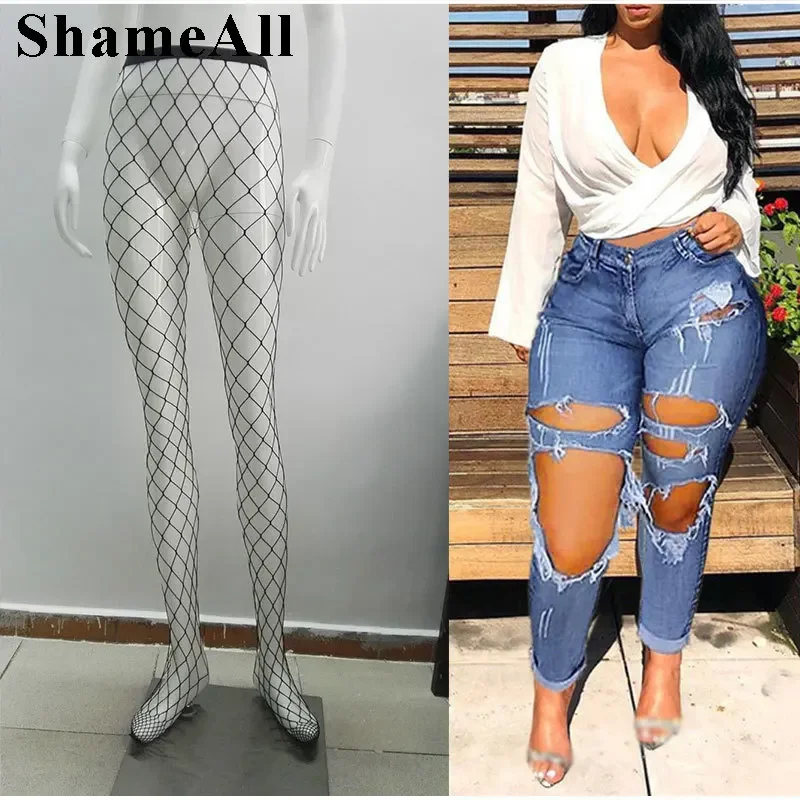 Street Ripped Cut Holes Hollow Out Mesh Stretchy Skinny Jeans Vintage Slit Pantalones Vaqueros Mujer Club Blue Denim Pencil Pant