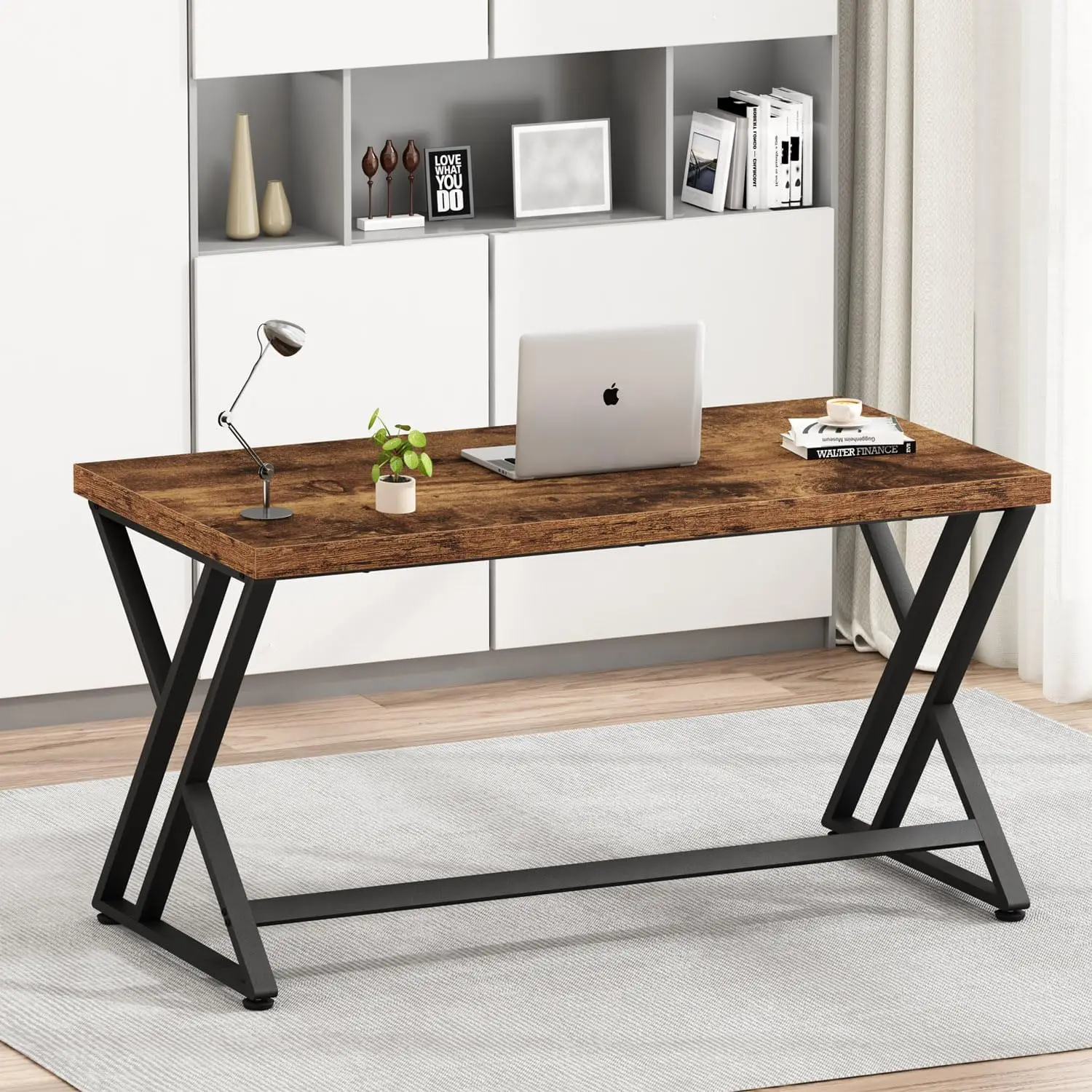 Rustic Computer Desk, Metal Wood Home Office Desk, Industrial Simple Study Executive Desk for Writing Work, Wooden Student