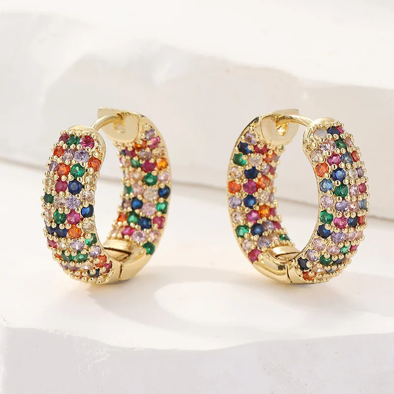 Luxurious Round Copper Material Inlaid with Multi-color Synthetic Zircon Earrings, Women's Classic Circle Earrings, Engagement