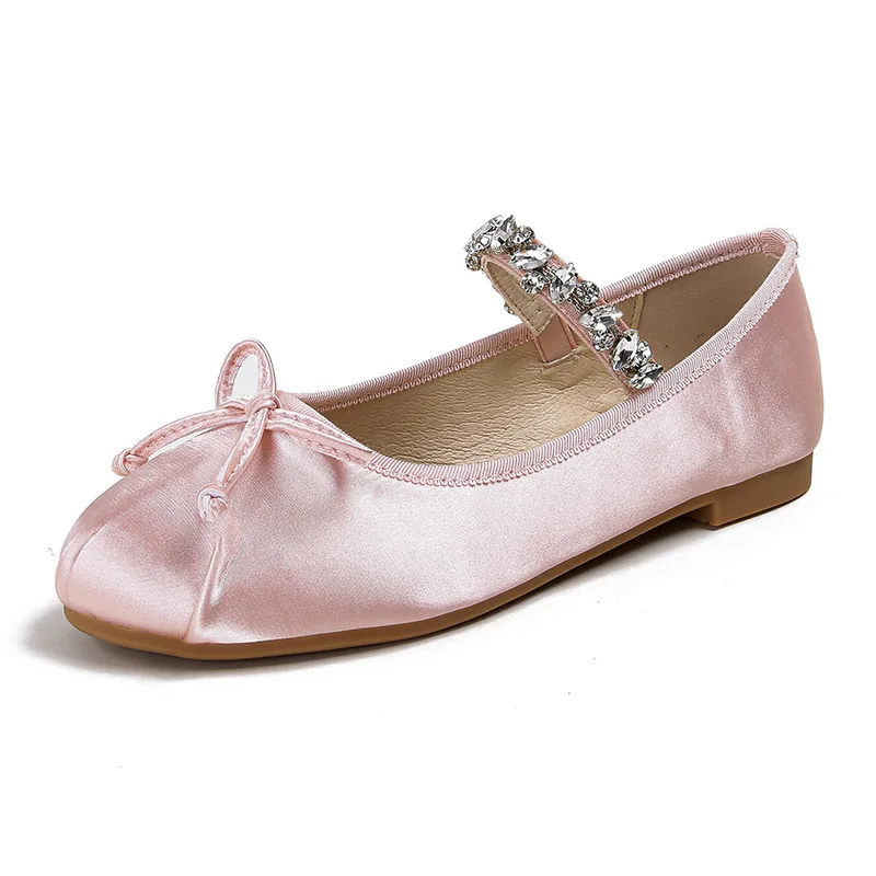 Elastic Rhinestone Band Mary Janes Woman Bowtie Silk Ballets Shoes Ladies Round Toe Flats Female Loafers Wedding Brides Shoes