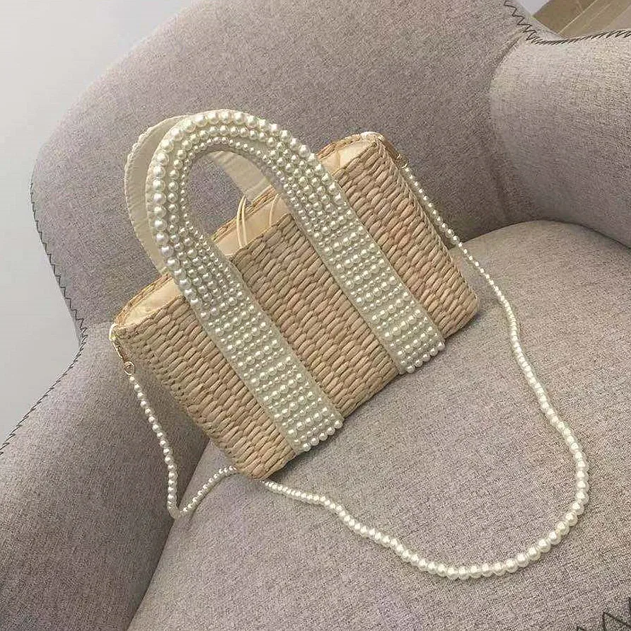 Luxury Pearl Beaded Square Bag Handmade Woven Straw Handbag Women Shoulder Crossbody Bag Holiday Vacation Casual Beach Bag