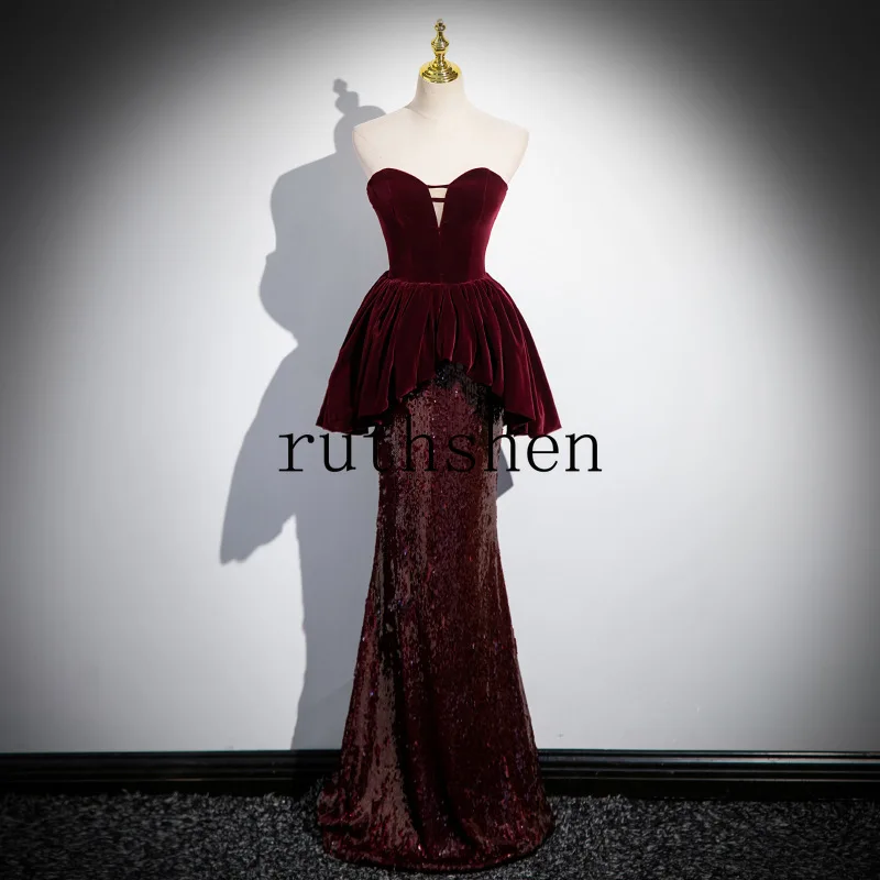 Burgundy Evening Dress Slim Sweetheart Sexy V-neck Fishtail Special Occasion Women Formal Party Prom Banquet Gown Customized