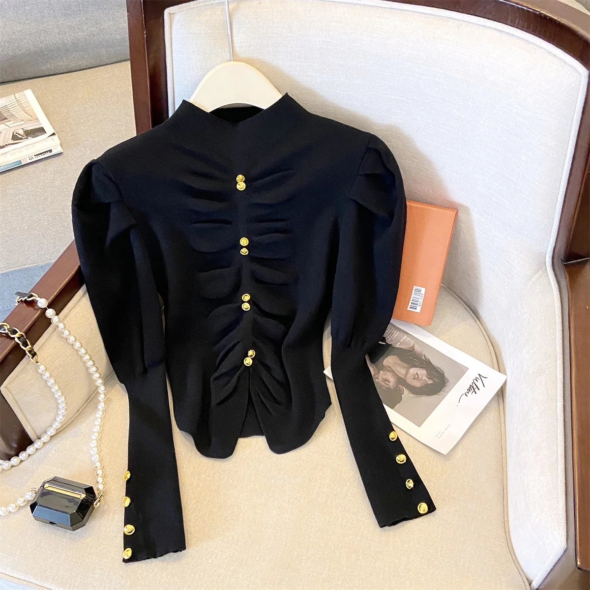 2024 Autumn Stylish Elegant Knit Sweater Tops Puff Sleeve Half High Collar Knitwear Slim Fit Fashion Chic Solid Ladies Jumpers