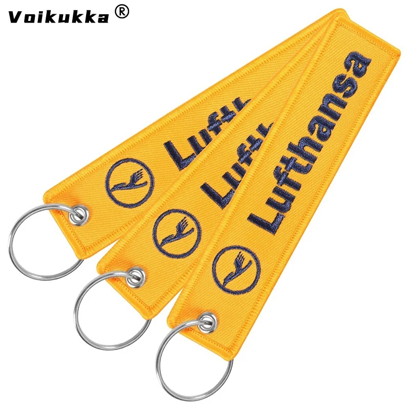 Voikukka Jewelry Deutsche Lufthansa Logo Text Both Sides Embroidery Keychain Pendant Tags Rectangle Key Chain Souvenir Wholesale