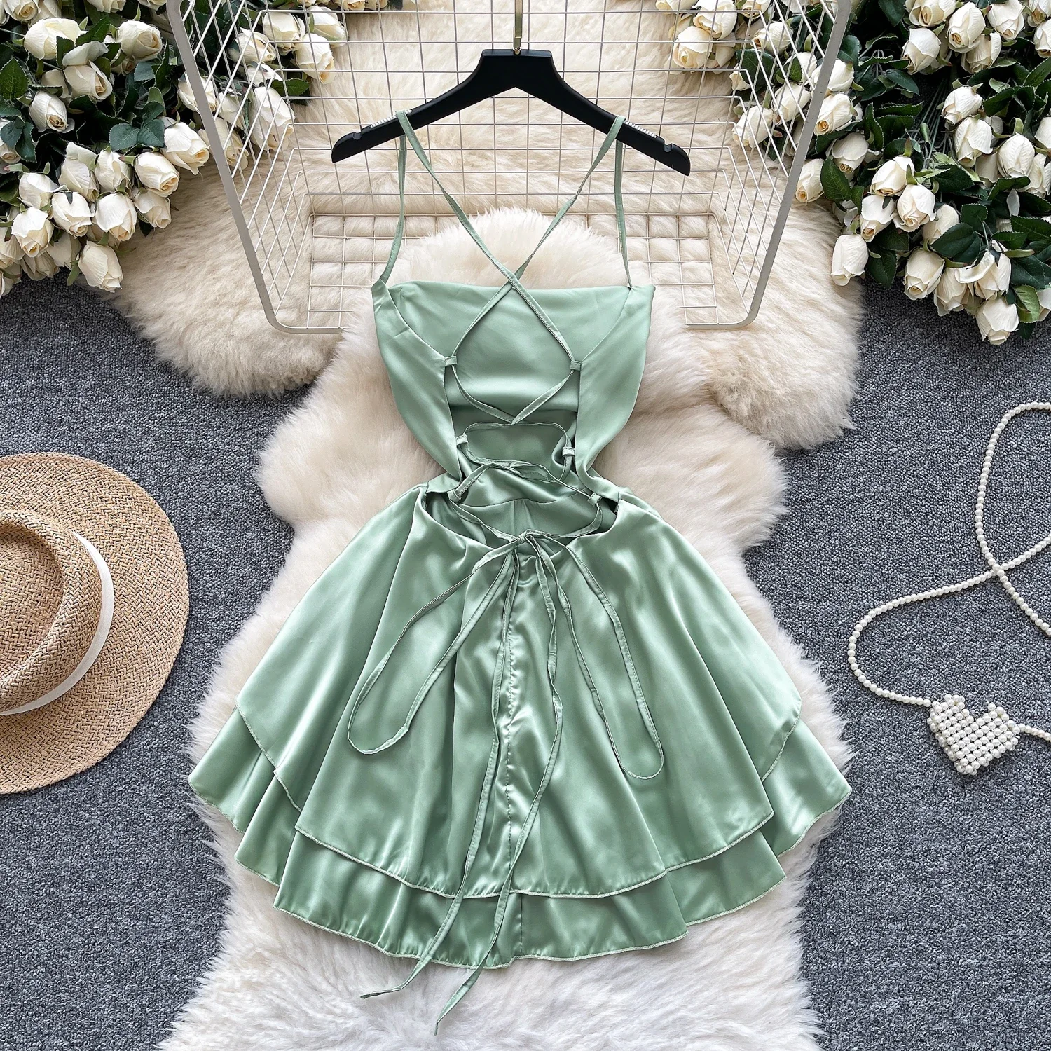 Hotsweet Straps Swinging Collar Elegant Sleeveless Backless Bandage Vintage Satin Sexy Slim Dresses High Street Autumn Clothing