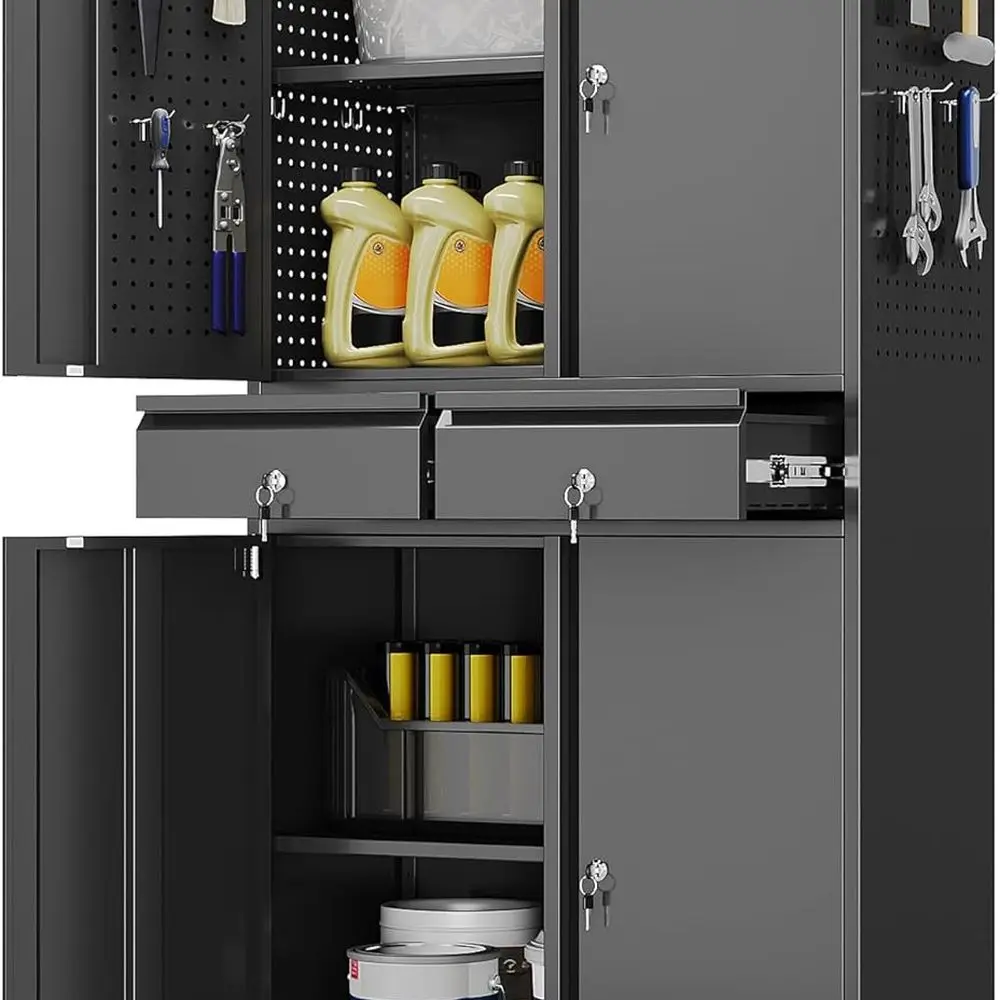 

Metal Storage Cabinet with 2 Drawers and Pegboard, Garage Storage Cabinet with Locking Doors and 2 Adjustable Shelves, 71" H Ste