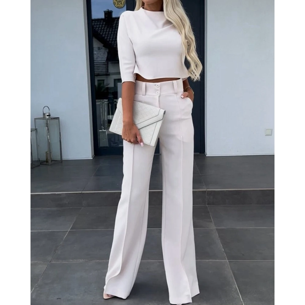 Fashion Women Causal Long Sleeve O-Neck Crop Top & Pants Sets Elegant Slim Two Pieces Suit Set Workwear for Offiee Lady Outfits