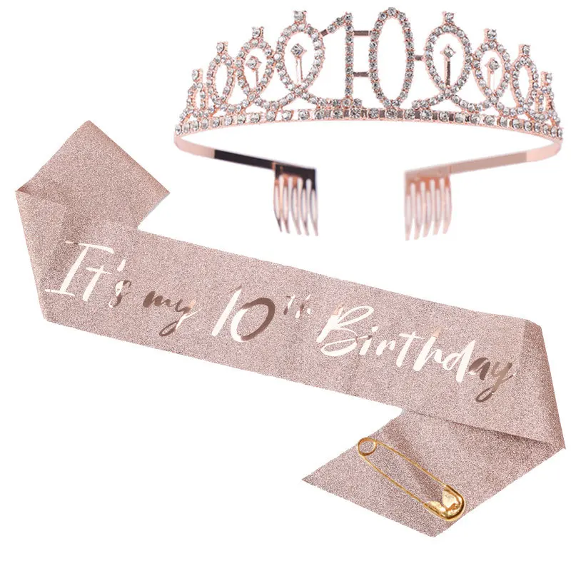 2pcs/set 13th 15th 18th Birthday Sash and Tiara for Girls Rose Gold Birthday Sash Crown for Happy Birthday Party Favor Supplies