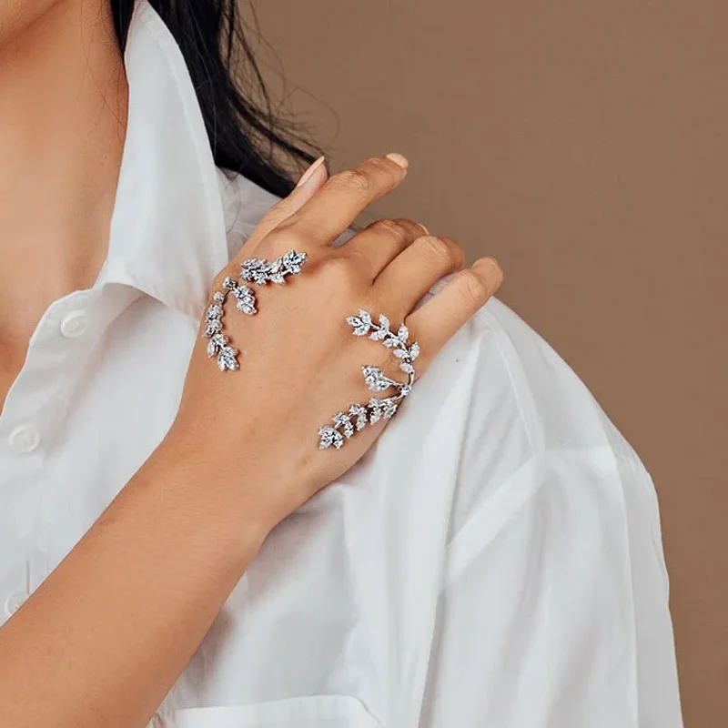 Stonefans Branches Leaf Cuff Bangle Palm Hand Bracelet for Women Bridal Cubic Zirconia Bangle Wedding Bracelet Jewelry Gift