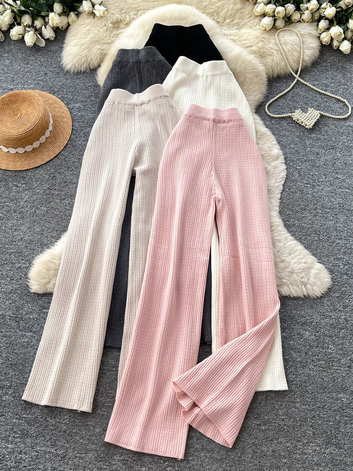 Slimming High Waist Wide Leg Pants Women's Soft Knitted Elastic Waist Straight Casual Pants Autumn Wear Sweater Pants