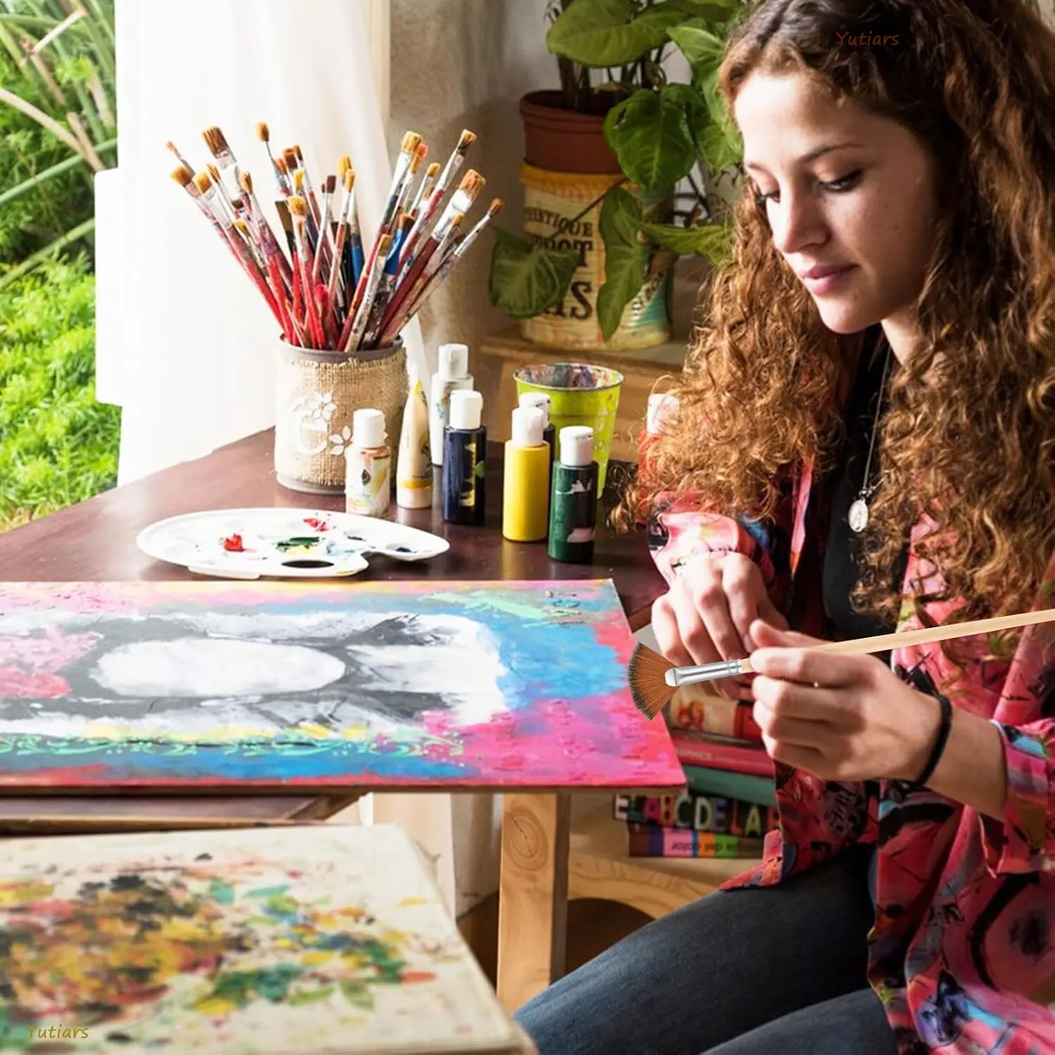 10-delige penselenset, waaierborstels Acrylverfborstels Olieverfborstels met nylon haar en kort schilderij met houten handvat