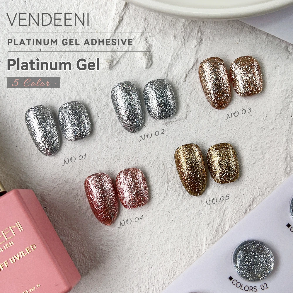 Vendeeni 5 Colors/Set Glitter Platinum Gel Nail Polish Champagne Rose Gold Silver Flash UV LED Soak Off Gel Varnish With Display