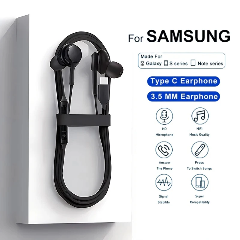 Słuchawki przewodowe Type C do Samsung Galaxy S23 S21 S22 Ultra Plus, słuchawki douszne 3.5 mm, akcesoria A54 A34 A53 A53