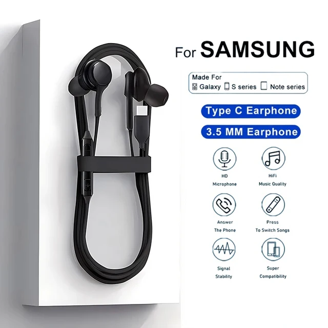Słuchawki przewodowe Type C do Samsung Galaxy S23 S21 S22 Ultra Plus, słuchawki douszne 3.5 mm, akcesoria A54 A34 A53 A53
