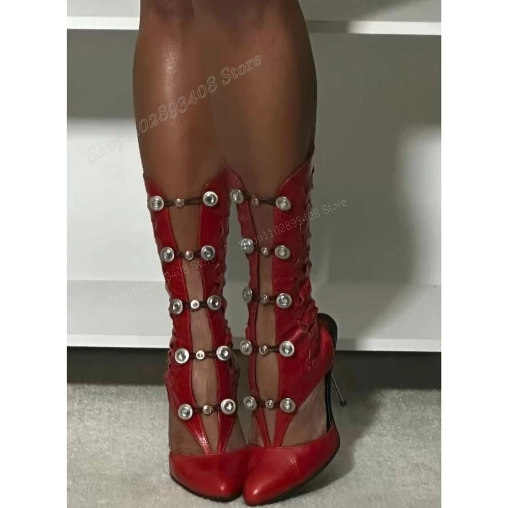 

Red Buttons Decor Hollow Mid Calf Boots Pointed Toe Stiletto High Heel Sexy Matte Leather Women Shoes 2024 Zapatos Para Mujer