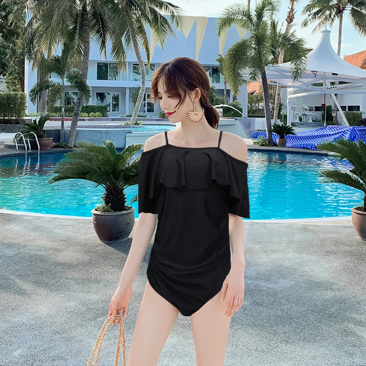 ملابس سباحة أمومة سوداء مثيرة ومريحة على الموضة بيكيني صيفي بدلة استحمام للنساء الحوامل مقاس Xxl مكشكشة قابلة للتعديل #3