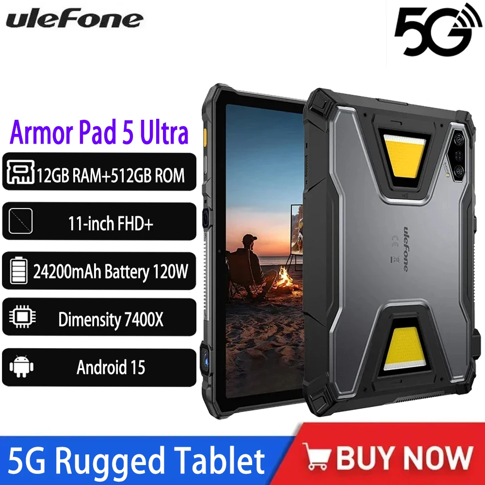 2025 NEW Ulefone Armor Pad 5 Ultra 5G 11“FHD Rugged Tablet 24200mAh Battery Portable Projector 200LM 12GB+512GB Android 15 NFC