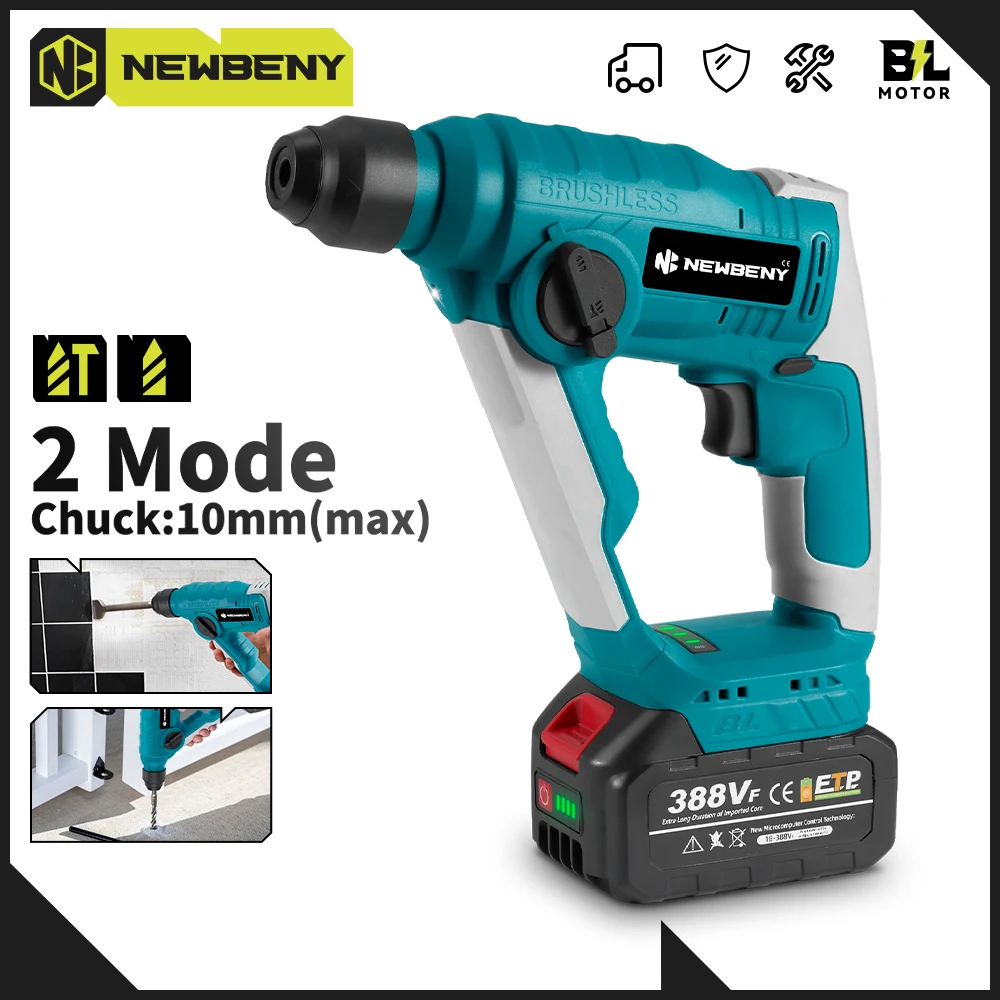 NEWBENY 10mm Mini Brushless Electric Hammer Drill Cordless 2 Modes Efficient Impact Drill Power Tools For Makita 18V-21V Battery