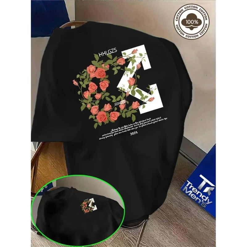 2026 new neutral rose vine wrapped arrow printed cotton T-shirt, loose fit, summer round neck rotating sleeve short sleeved top