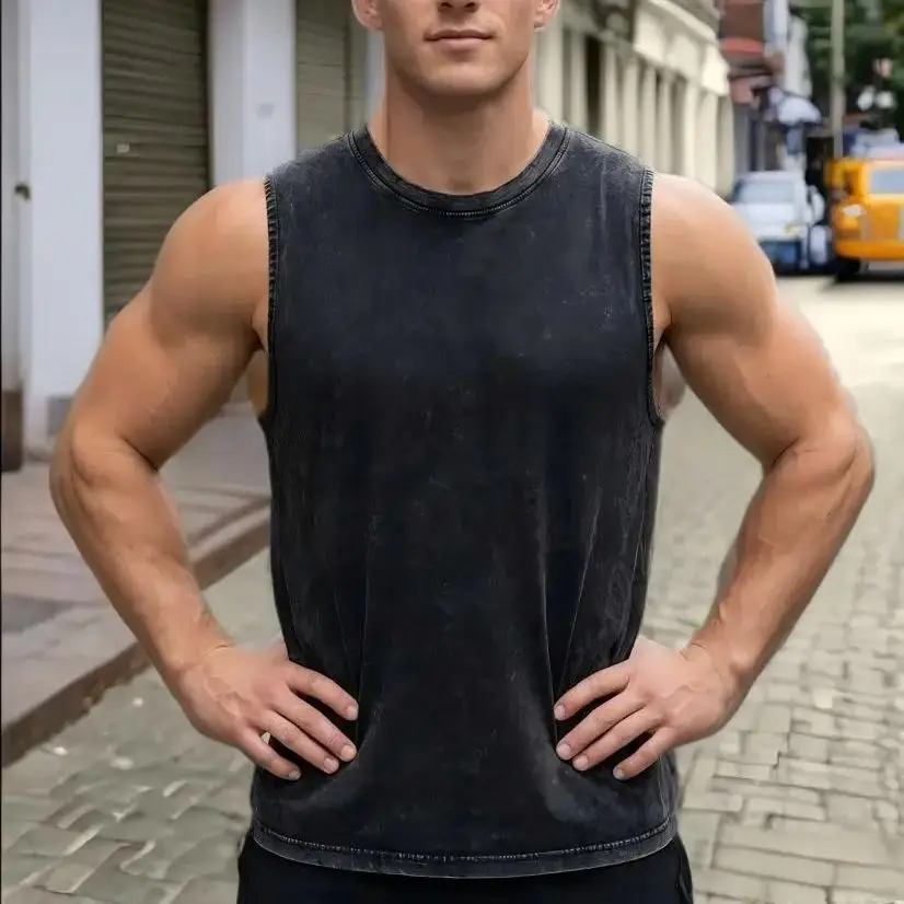 2026 Summer Men's Vintage Washed Tank Top Cotton Sleeveless Muscle Shirt Gym Workout Running Beach Loose Casual Vest