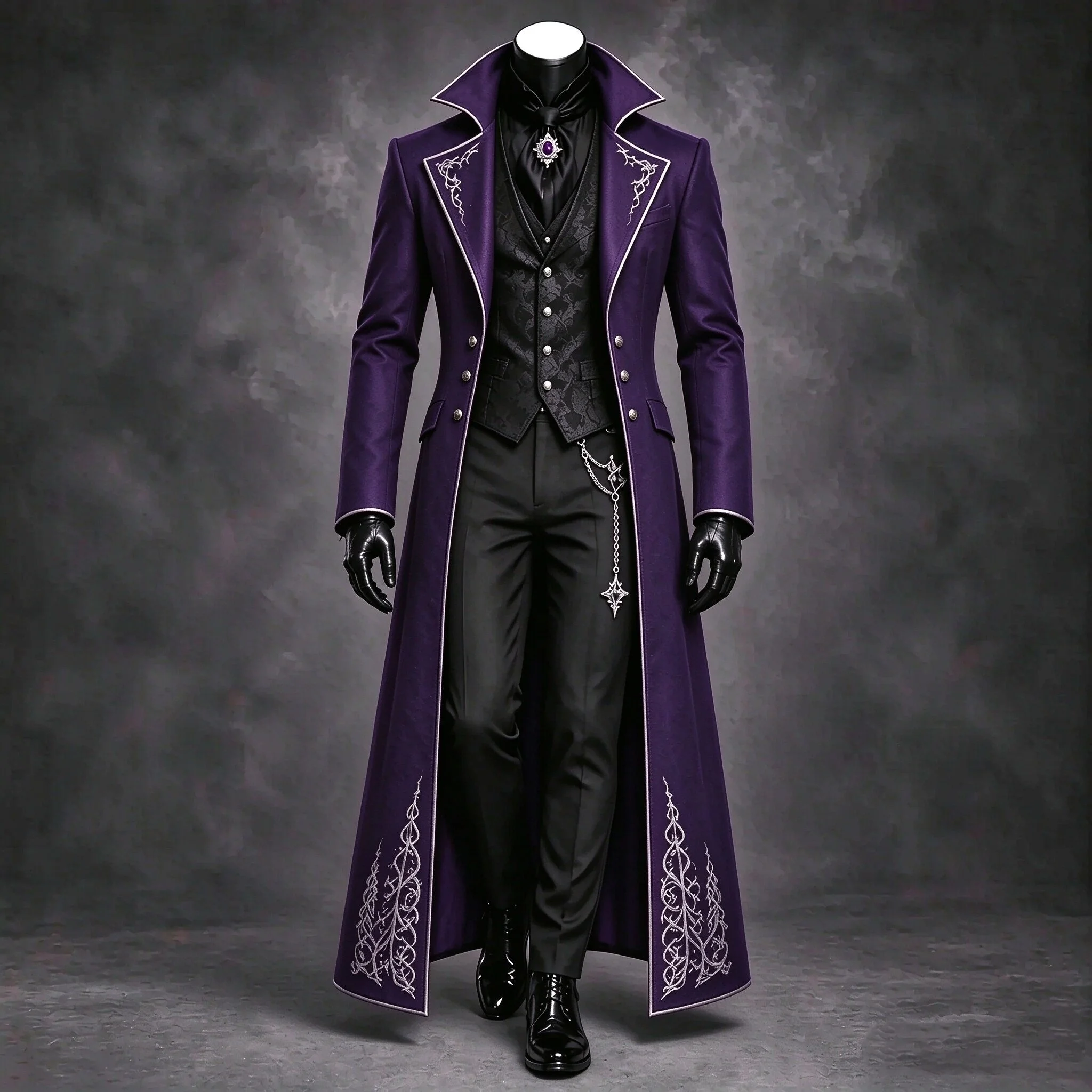 Men Purple Long Gothic Coat 3 Piece Suit Silver Embroidery Stand Collar Vest Pants Victorian Formal Wedding Groom Customized