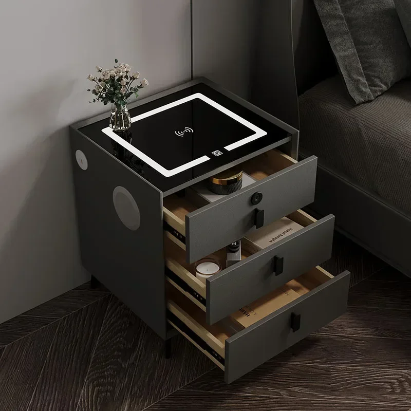 

Многофункциональная умная тумбочка с 3 ящиками из массива дерева и освещением, современная прикроватная тумбочка с беспроводной зарядкой