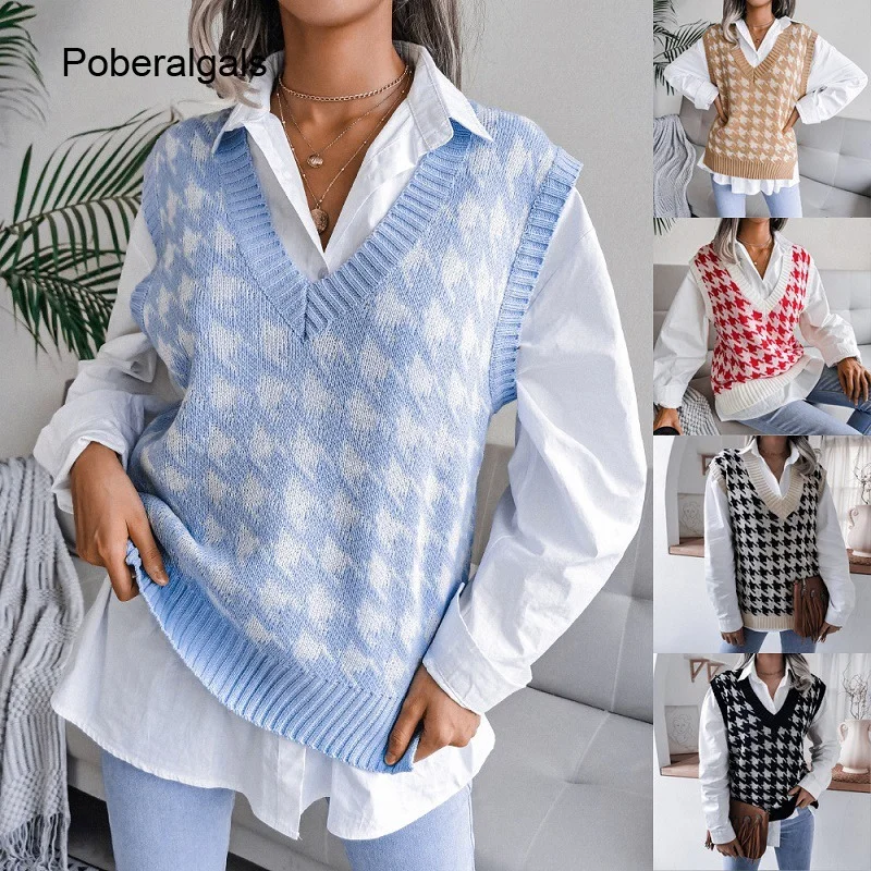 women\'s Houndstooth knit sweater vest autumn 2023 new loose V-neck sleeveless elegant fashion casual vest sweaters pullover