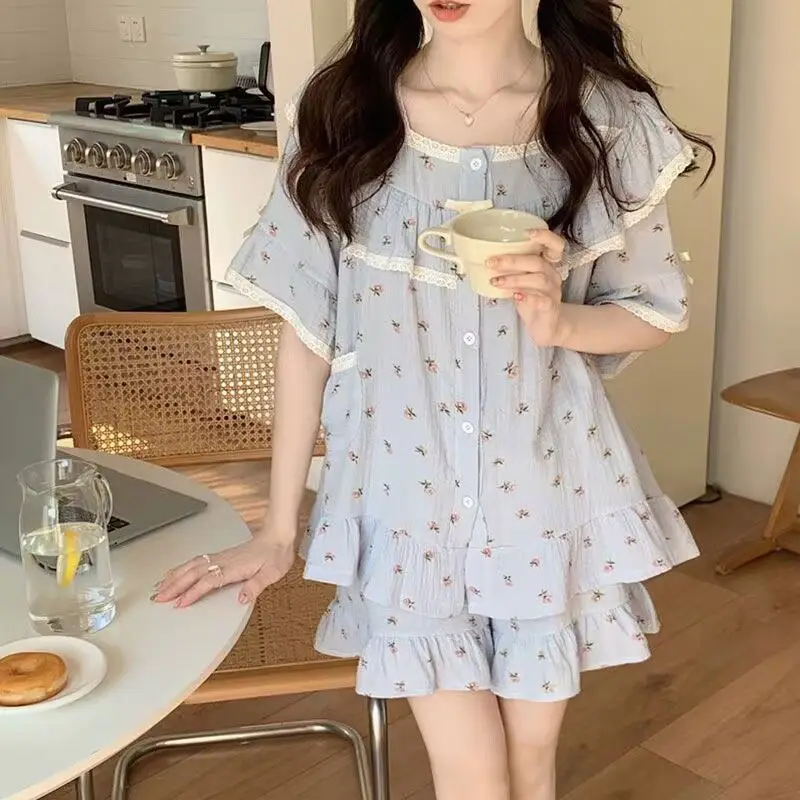 Women's pajamas lace short-sleeved shorts pajamas women's models summer sweet thin section of homewear set