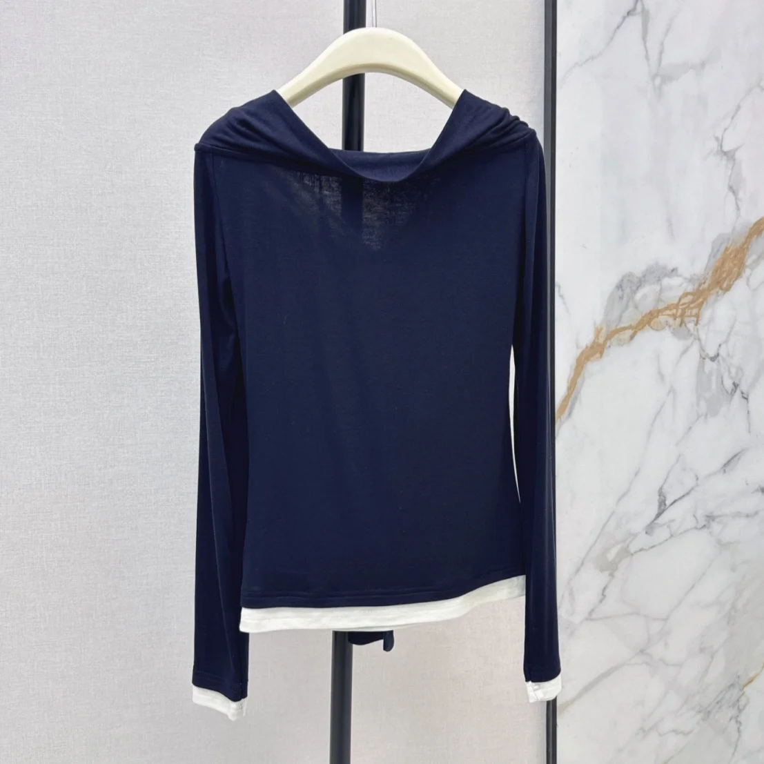 2026 high-quality women's hooded knotted ribbon fake two-piece long sleeved top--hb812